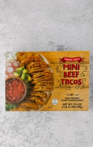 An unopened box of Trader Joe's Mini Beef Tacos.