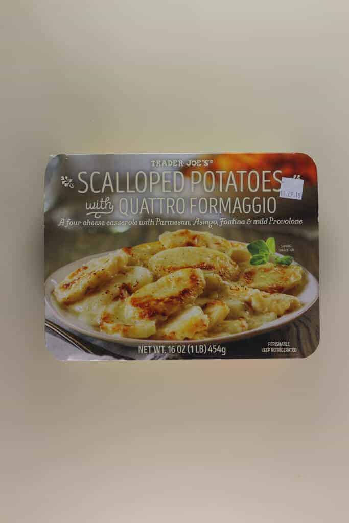 An unopened package of Trader Joe's Scalloped Potatoes with Quattro Formaggio