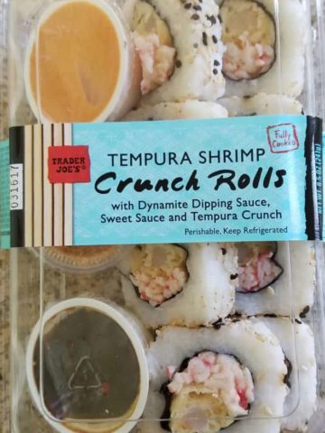 An unopened box of Trader Joe's Tempura Shrimp Crunch Rolls
