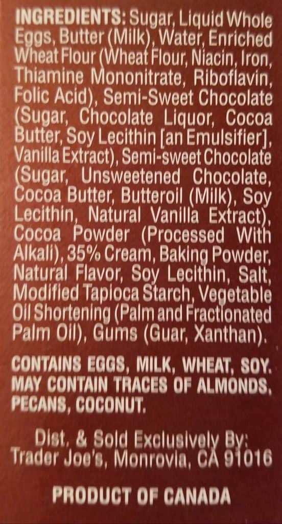 Trader Joe's Chocolate Lava Cakes Ingredient List and allergy information
