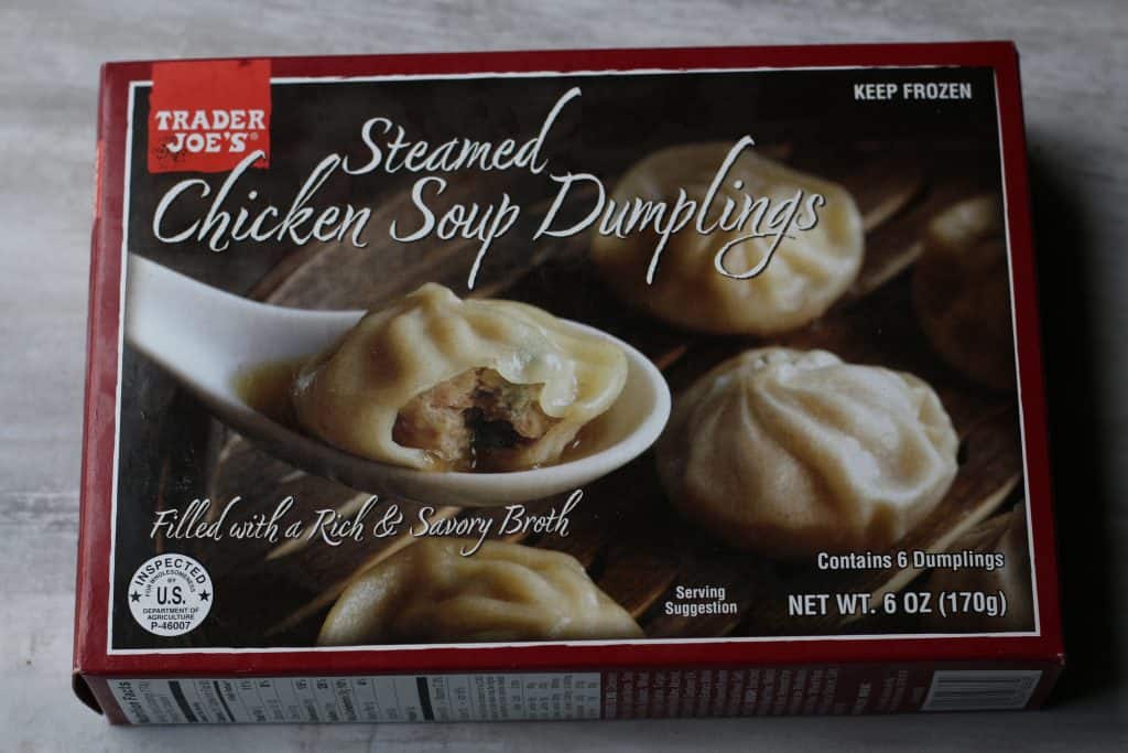 An unopened box of Trader Joe's Steamed Chicken Soup Dumplings
