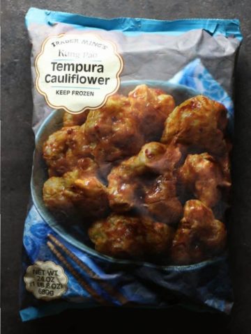 An unopened bag of Trader Joe's Kung Pao Tempora Cauliflower