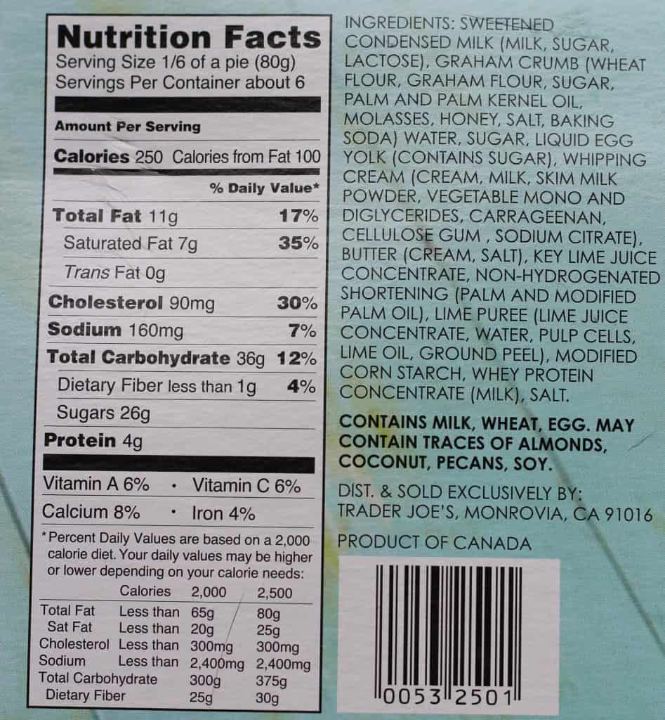 Trader Joe's Key Lime Pie nutritional facts and calories