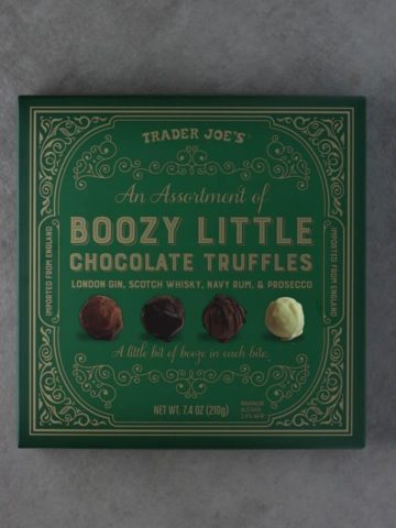 An unopened box of Trader Joe's An Assortment of Boozy Little Chocolate Truffles