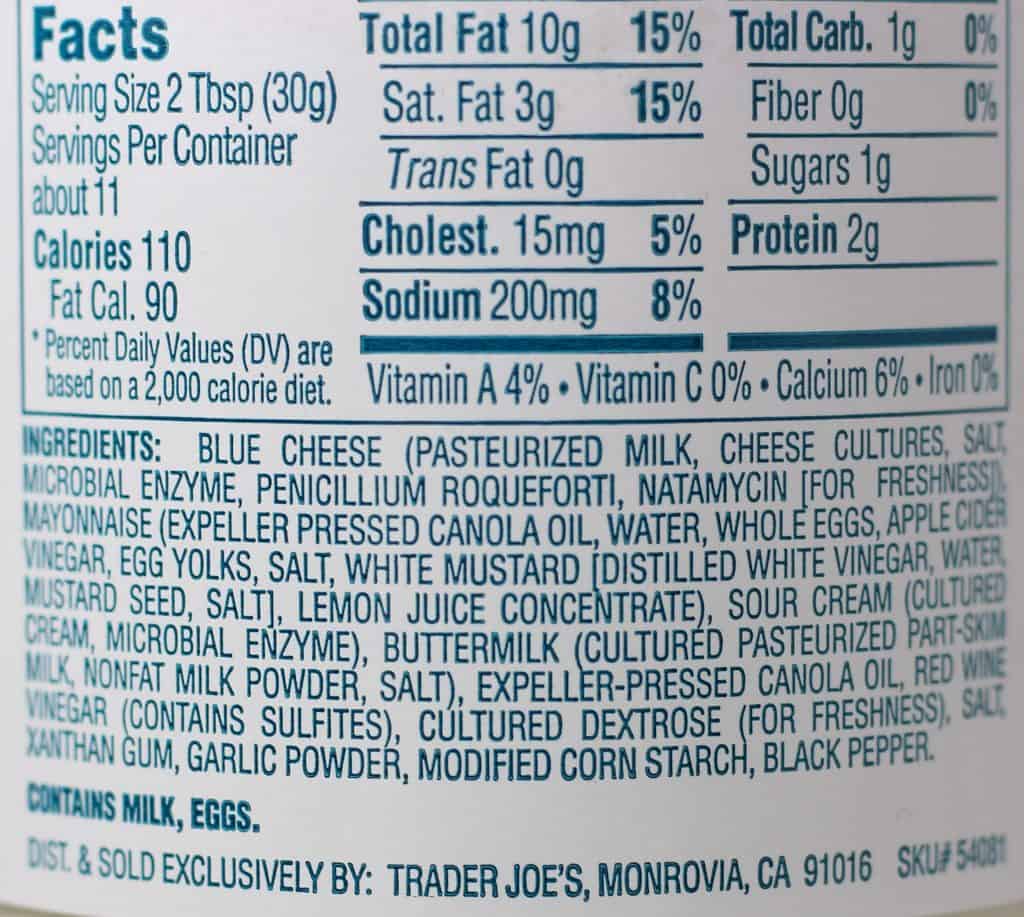 Trader Joe's Chunky Blue Cheese Dressing and Dip nutritional and ingredient information