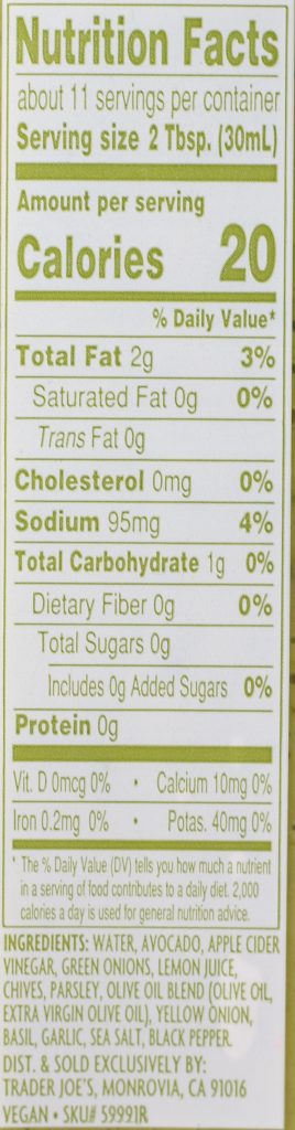 Trader Joe's Green Goddess Salad Dressing nutritional and ingredient information.