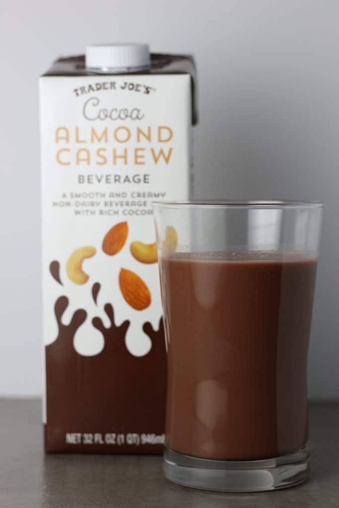 Trader Joe's Cocoa Almond Cashew Beverage poured into glass to see the beverage