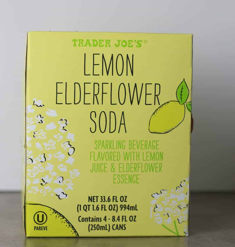 Trader Joe's Lemon Elderflower Soda box with a white background