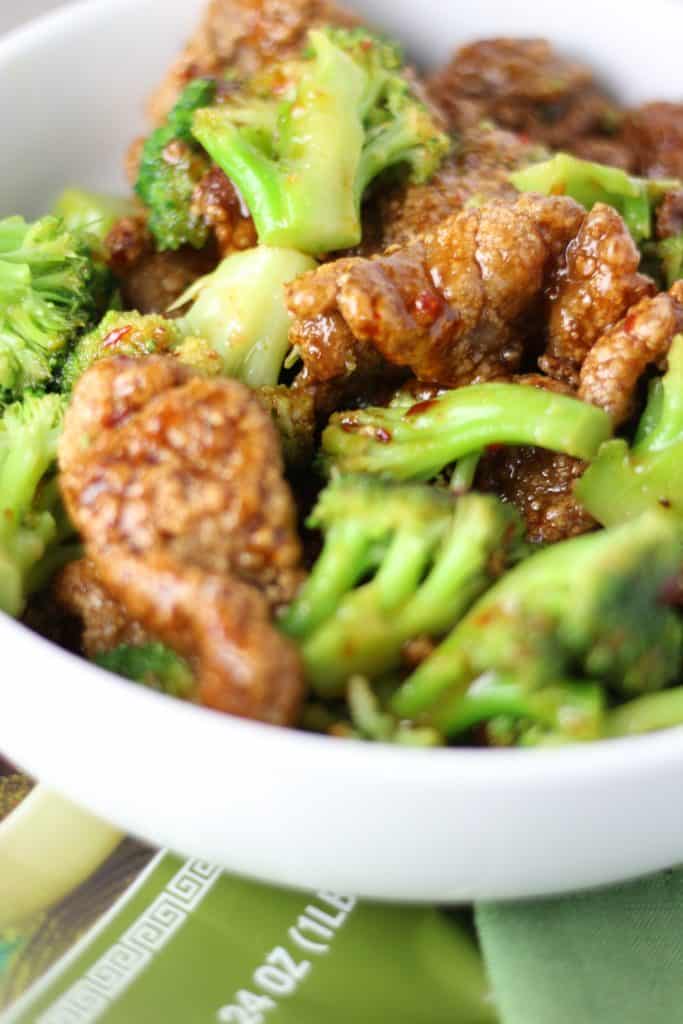Trader Joe's Mildly Sweet and Spicy Beef and Broccoli zoomed in on the finished product