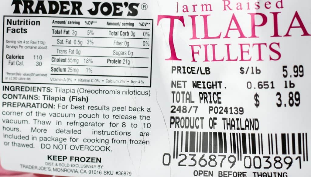 Trader Joe's Tilapia nutritional information, ingredients, and price.