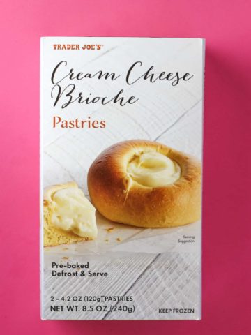 An unopened package of Trader Joe's Cream Cheese Brioche Pastries box