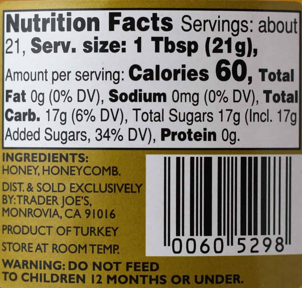 Trader Joe's Honey with Honeycomb nutritional information and ingredients