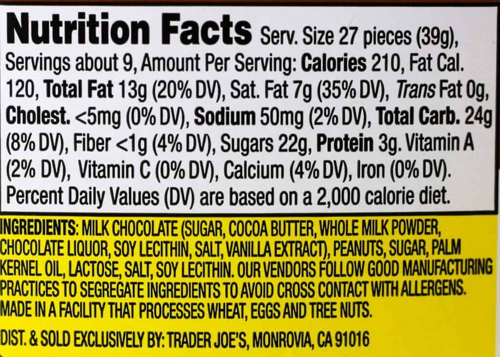 Trader Joe's Mini Milk Chocolate Peanut Butter Cups ingredients and nutritional information