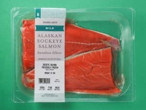 An unopened package of Trader Joe's Wild Alaskan Sockeye Salmon package