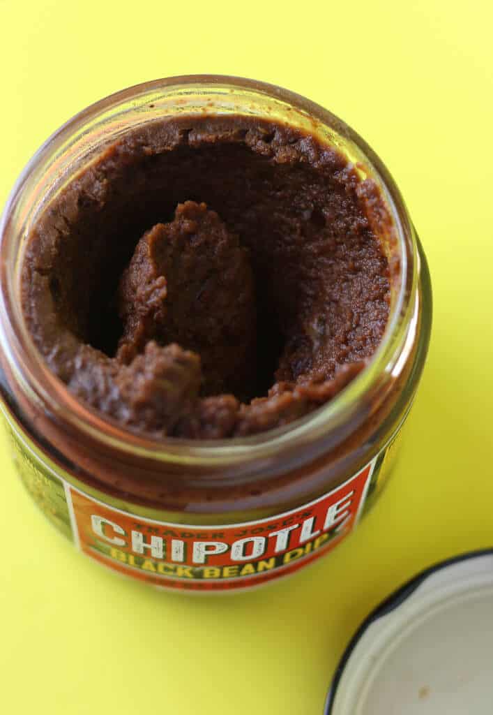 Trader Joe's Chipotle Black Bean Dip opened revealing the contents of the jar