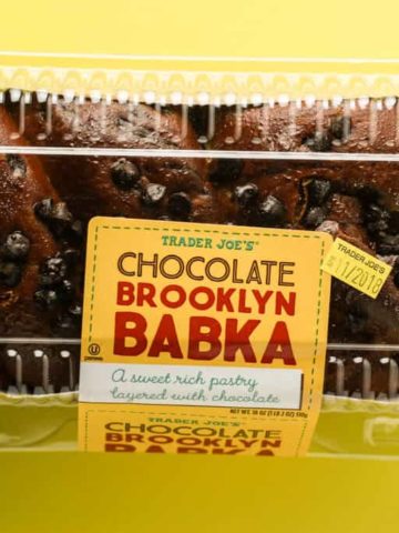 Trader Joe's Chocolate Brooklyn Babka package on yellow background