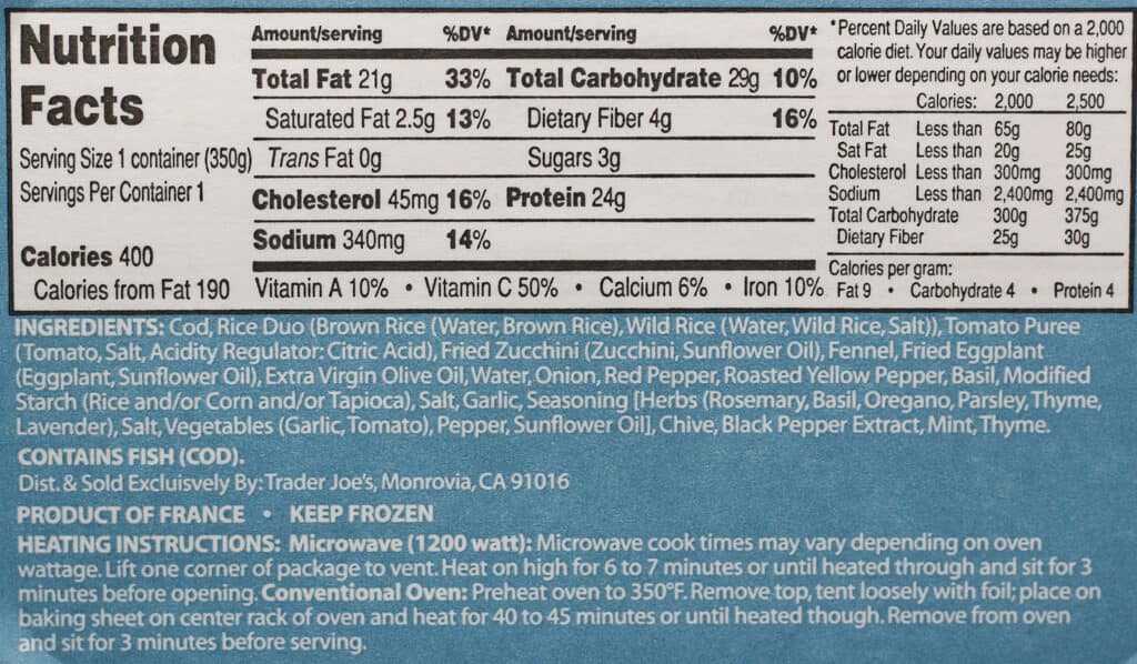 Trader Joe's Cod Provencale nutritional information and ingredients