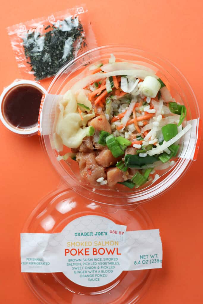 Trader Joe's Smoked Salmon Poke Bowl opened to show off the contents of the package