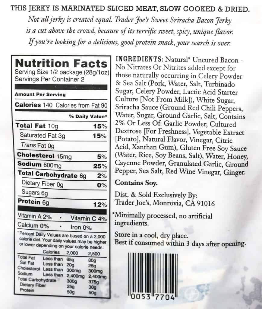 Trader Joe's Sweet Sriracha Uncured Bacon Jerky nutritional, ingredient list, and description