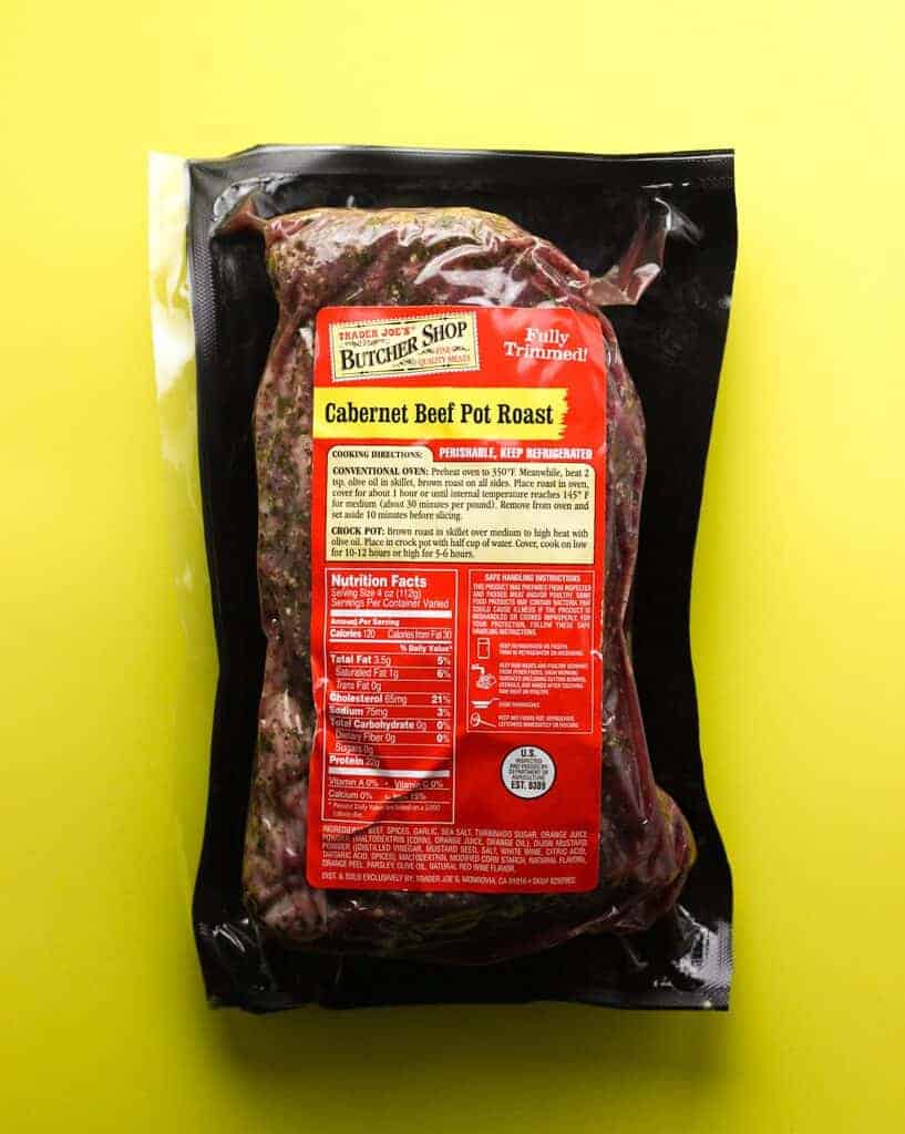 Trader Joe's Trader Joe's Cabernet Beef Pot Roast package on a yellow background