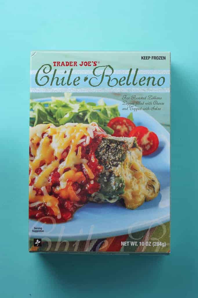 Trader Joe's Chile Relleno box on a blue background