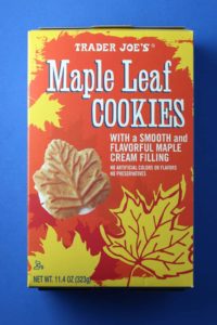 An unopened box of Trader Joe's Maple Leaf Cookies