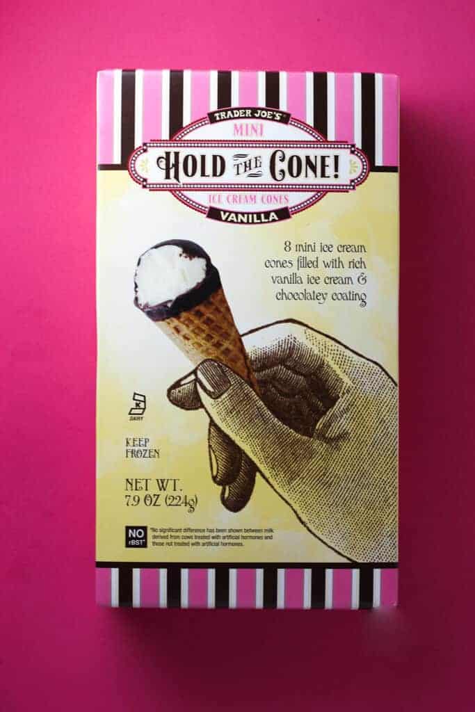 An unopened box of Trader Joe's Mini Hold the Cone Vanilla Ice Cream Cones package