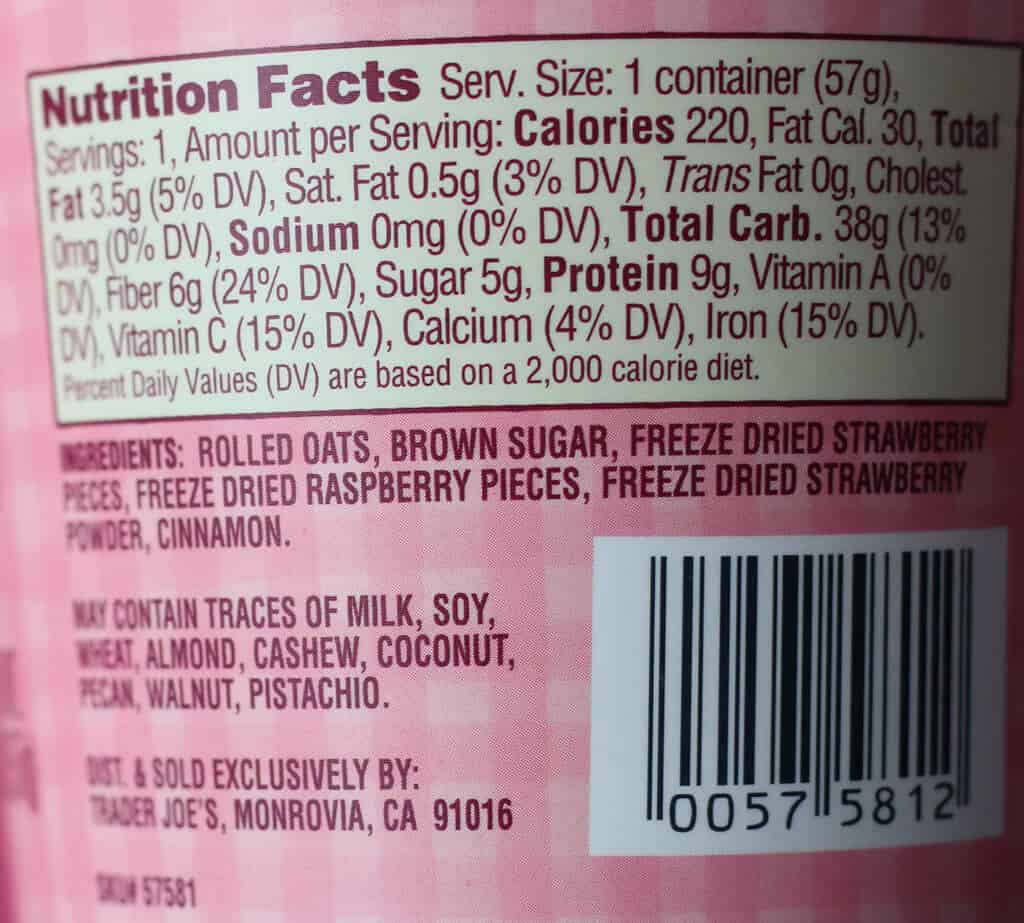 Trader Joe's Strawberry Raspberry Oatmeal nutritional information and ingredients