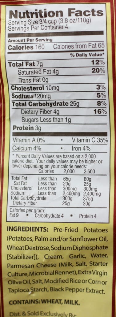 Trader Joe's Garlic Potatoes with Parmesan Sauce nutritional information and ingredients