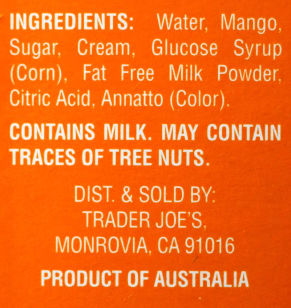 Trader Joe's Mango and Cream Bars ingredient list