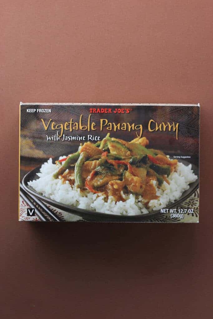 An unopened box of Trader Joe's Vegetable Panang Curry