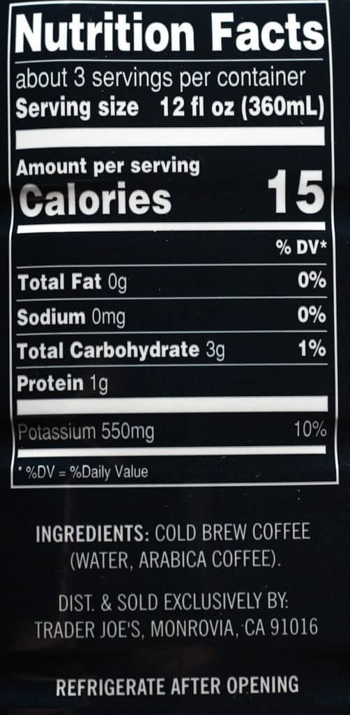 Trader Joe's Cold Brew Coffee Ready to Drink nutritional information