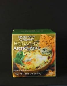 An unopened box of Trader Joe's Creamy Spinach and Artichoke Dip