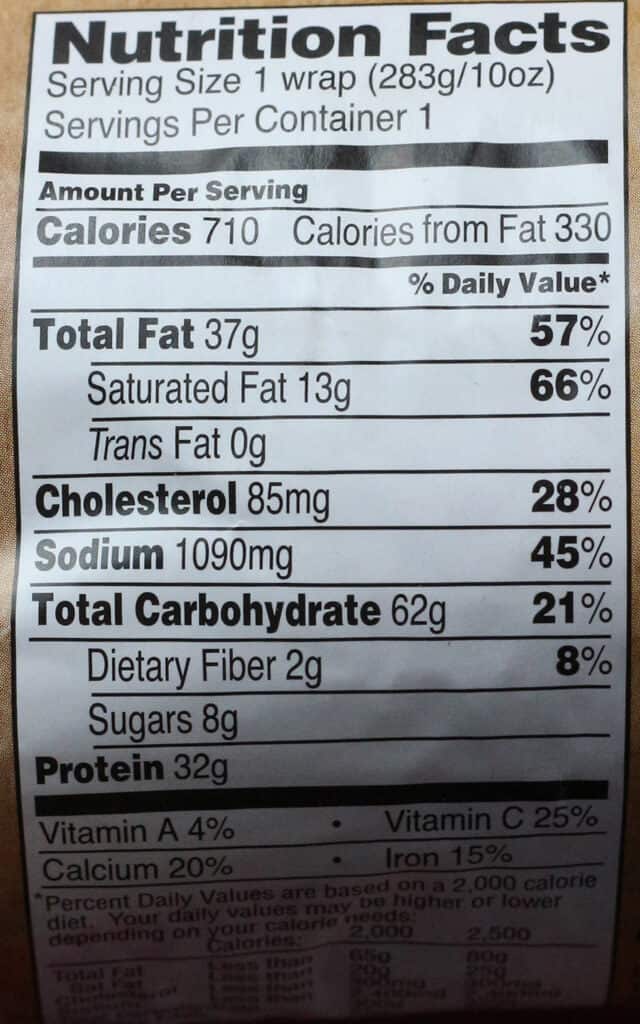 Trader Joe's Cubano Seasoned Wrap calorie count and nutritional information