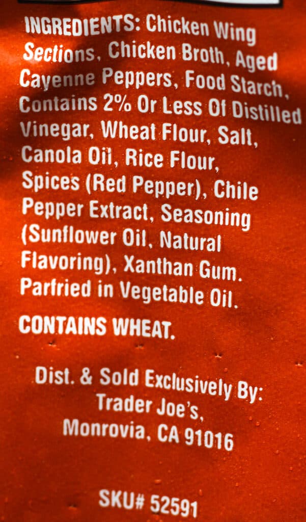 Trader Joe's Hot & Spicy Chicken Wings Sections ingredients