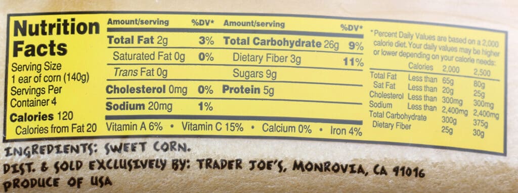 Trader Joe's Super Sweet Fresh Corn nutritional information