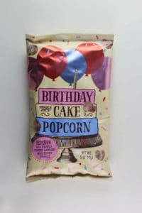 An unopened bag of Trader Joe's Birthday Cake Popcorn