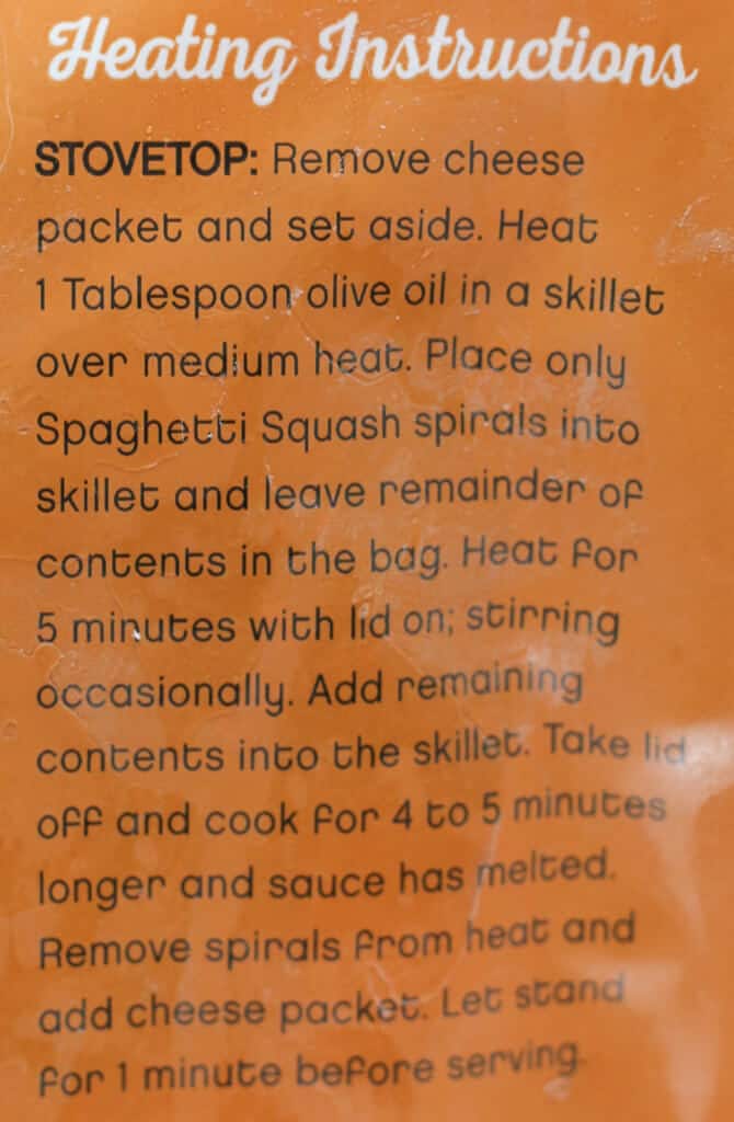 Trader Joe's Harvest Spaghetti Squash Spirals directions on how to prepare