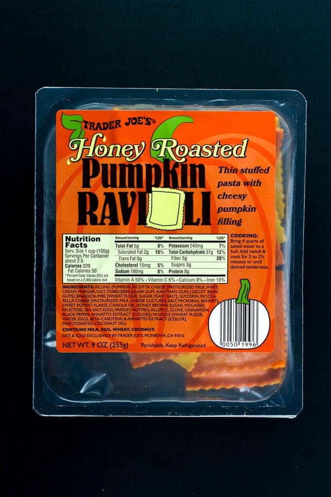 An unopened box of Trader Joe's Honey Roasted Pumpkin Ravioli