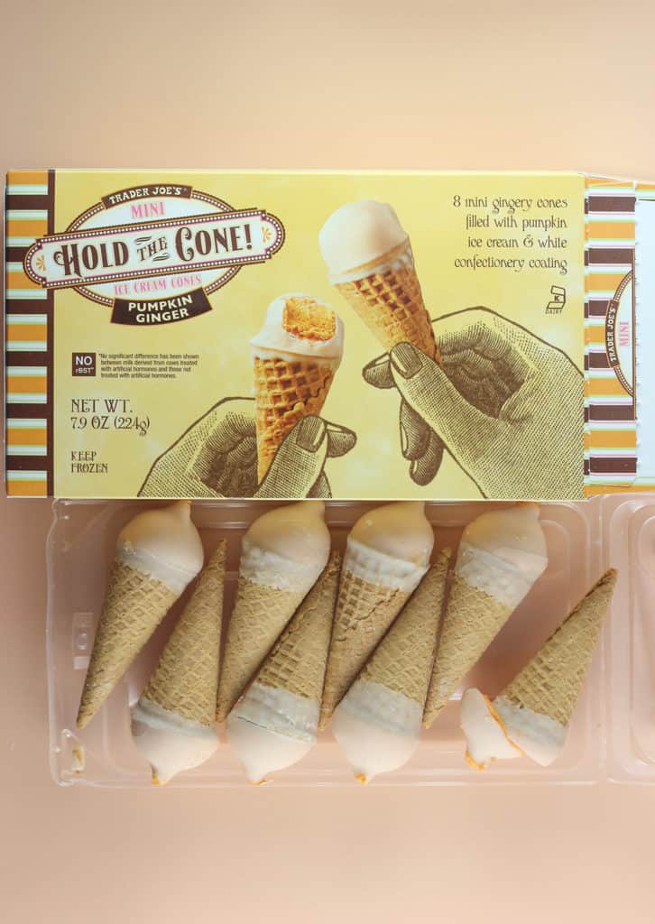 Trader Joe's Mini Hold the Cone Pumpkin Ginger Ice Cream Cones out of the box