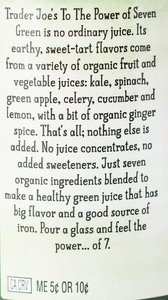 Trader Joe's To the Power of Seven Green Organic Juice Blend description