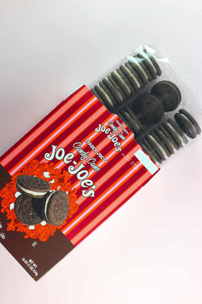 An open box of Trader Joe's Candy Cane Joe Joe's showing the cookies