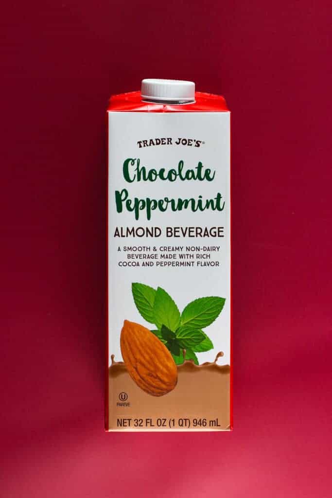 An unopened box of Trader Joe's Chocolate Peppermint Almond Beverage