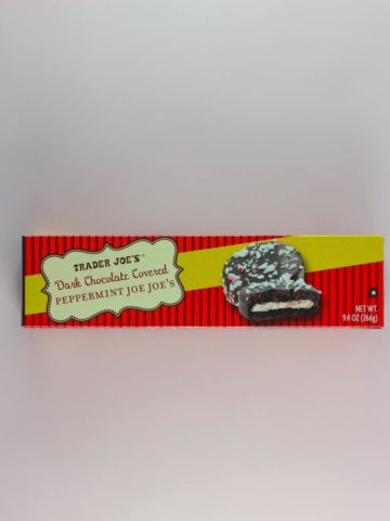 An unopened box of Trader Joe's Dark Chocolate Covered Peppermint Joe Joes