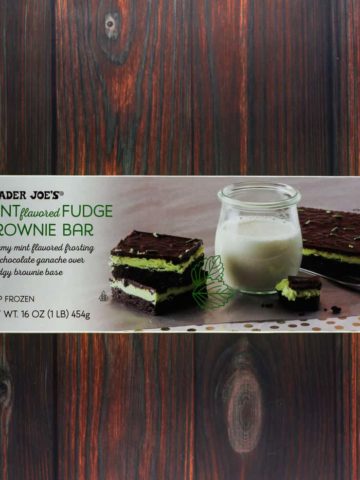 An unopened box of Trader Joe's Mint Flavored Fudge Brownie Bar