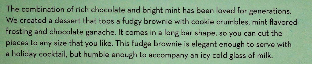 Description found on the box of Trader Joe's Mint Flavored Fudge Brownie Bar