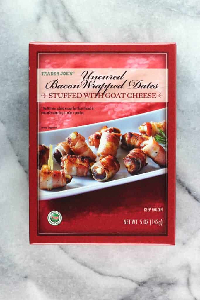 An unopened box of Trader Joe's Uncured Bacon Wrapped Dates