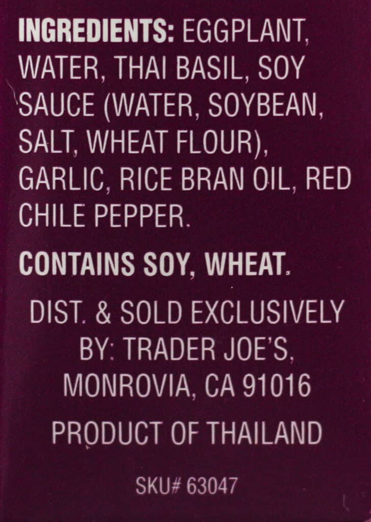 Ingredients in Trader Joe's Spicy Thai Eggplant