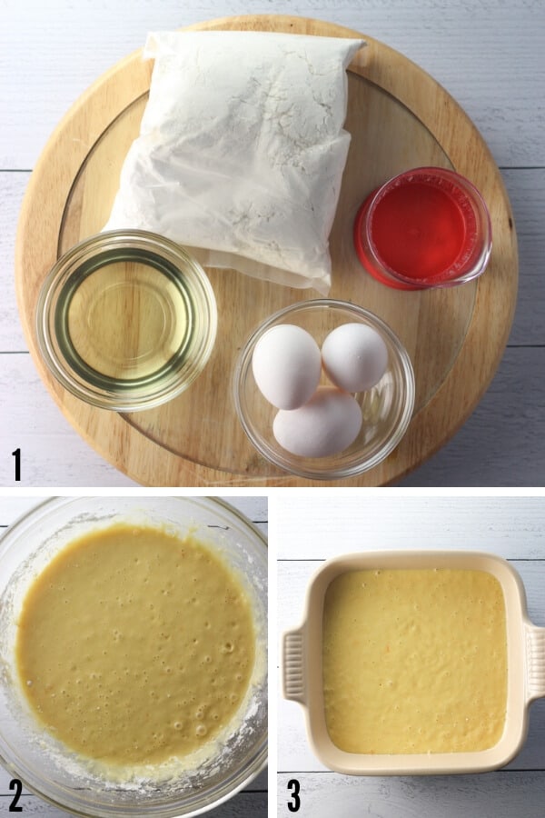 Step by step instructions for step one showing the making of a cake and putting it into a baking dish
