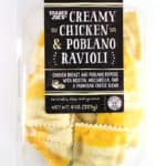 An unopened package of Trader Joe's Creamy Chicken and Poblano Ravioli